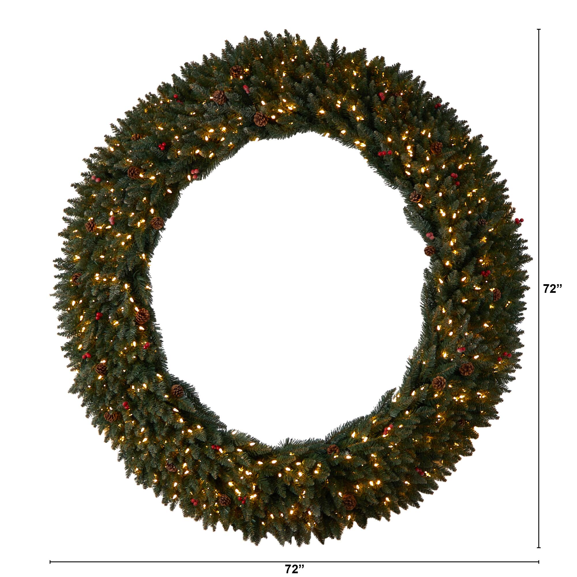 6ft. Clear LED Lights Flocked Artificial Christmas Wreath With Pinecones & Berries